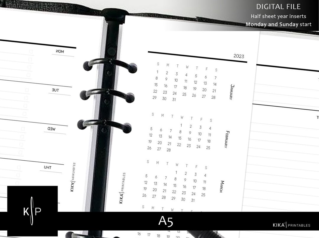 A5 Printable Half Sheet Calendar 2023 2024 Minimal Year Planner Inserts ...