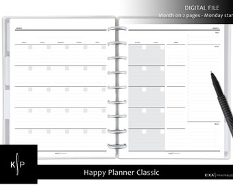 Month on 2 pages planner inserts | Happy Planner Classic size undated | Minimal monthly inserts | MO2P Printable Planner insert - (M1005)
