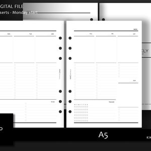 Puede incluir: Un planificador semanal imprimible de tamaño A5 con inicio el lunes. El planificador tiene una sección para cada día de la semana, un calendario mensual y una sección de seguimiento.