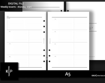A5 printable - Minimal weekly planner inserts | Week on 2 pages Horizontal WO2PH | Printable Planner Inserts, A5 Agenda - Instant Download