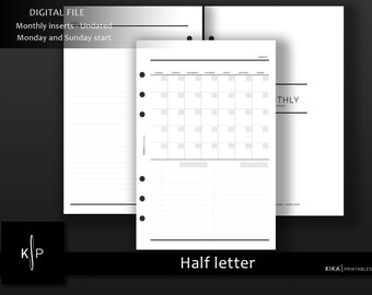 Agenda mensile stampabile senza date – Formato mezza lettera (download digitale)