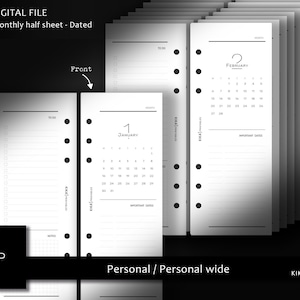 2023 Monthly inserts - Half sheet for Personal / Personal wide planners - Monday and Sunday start - Minimal month on 2 pages planner inserts