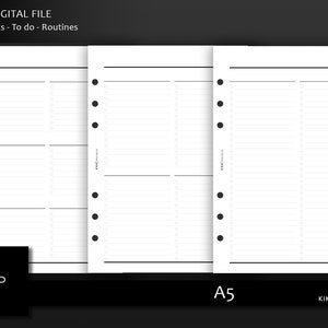 May include: Three blank A5 printable checklist pages with a black header and lines for writing. The header says "DIGITAL FILE Checklists - To do - Routines". The pages have six holes on the left side for a binder.