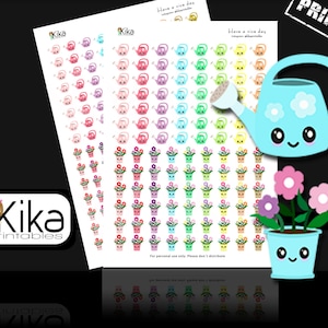 May include: Sheets of printable stickers featuring colorful watering cans and flower pots with smiling faces. The stickers are in various colors, with the text "Have a nice day" at the top. The Kika printables logo is in the bottom left corner.