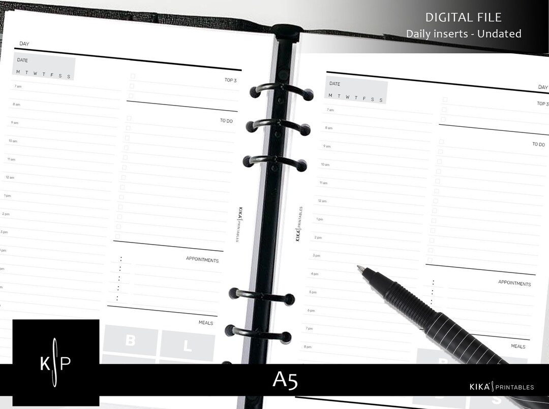 A5 Printable - Minimal Hourly Daily Planner Inserts | Day on One Page ...