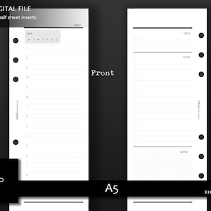 May include: A printable A5 daily planner insert with a front and back page. The front page has a date section with days of the week and lined space for writing. The back page has a section for top 3 priorities, to do list, and notes with a grid.