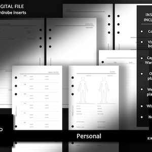 May include: A set of printable wardrobe planner inserts for a personal planner. The inserts include a cover, vision board, capsule wardrobe, outfit planner, weekly planner, wishlist, and notes pages. The inserts are black and white and feature a minimalist design.