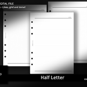 May include: Three printable note inserts for a disc bound planner. The inserts are half letter size and feature a grid, lines, and dots.