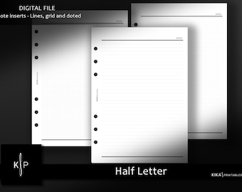 Notes Page Printable inerts, US Half letter size Notes Template Lines, grid and dots planner inserts - Writing Pages-Digital download - N201