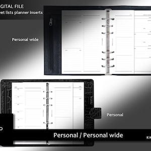 May include: Two black leather bound planners, one open to show a blank white page with lines, the other closed. The open planner is labeled "Personal" and the closed planner is labeled "Personal wide". The text "DIGITAL FILE Half sheet lists planner inserts" is at the top of the image.