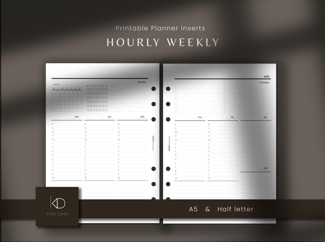 A5 & Half Letter Weekly Hourly Planner Inserts | Week on 2 Pages WO2P ...