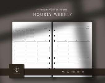May include: Printable planner inserts with the text "HOURLY WEEKLY". The pages are white with black text and a calendar layout. The planner is available in A5 and half-letter sizes. The logo "kd elio desk" is visible.