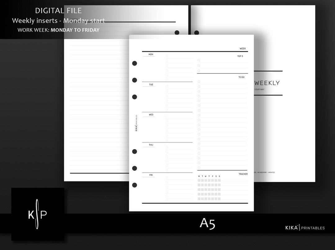 A5 Printable - Minimal 5 Days Weekly Planner Inserts | Work, Student ...