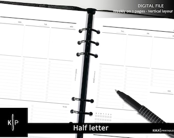 WO2P Diseño vertical Inserciones imprimibles - Inserciones PDF del planificador semanal de media letra - Calendario semanal mínimo - Semanalmente por hacer - Descarga digital