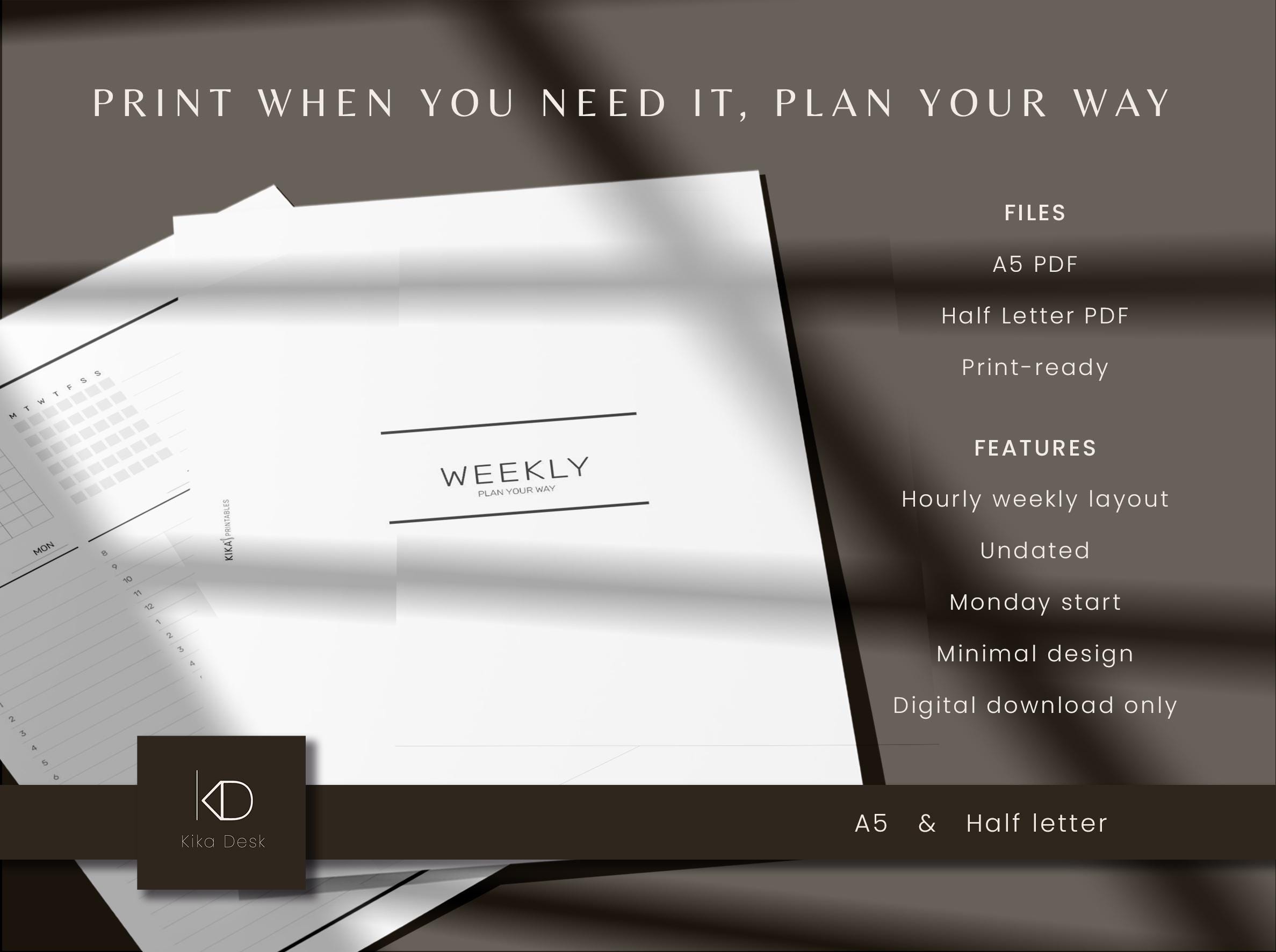 A5 & Half Letter Weekly Hourly Planner Inserts | Week on 2 Pages WO2P ...