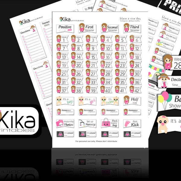 Autocollants imprimables | Ensemble d'autocollants de planificateur de grossesse | Autocollants de maternité Kawaii pour Erin Condren, Filofax, KiKi K, MAMBI | Téléchargement instantané