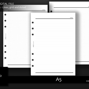 May include: Three printable A5 sized note inserts. The inserts are lined, gridded, and dotted. The inserts are designed for use in a disc bound planner.