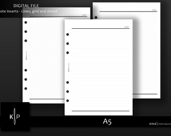 A5 printable - Minimal notes planner inserts | Basic Notes paper Set, lined, grid, doted planner pages | A5 Agenda - Instant Download (N001)