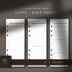 May include: Three white printable planner inserts for lists in half sheet size. Each insert features a header labeled LISTS, a horizontal line, and a vertical column of checkboxes with lines. The left side has six circular binder holes.
