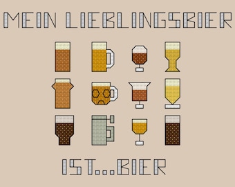 May include: A pixel art illustration of different types of beer glasses and mugs. The text "Mein Lieblingsbier ist...Bier" is at the bottom of the image.