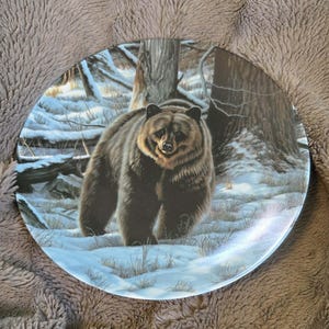 May include: A decorative plate with a detailed illustration of a brown bear in a snowy forest. The bear is the focal point, standing in the snow with trees in the background. The plate has a glossy finish and a circular shape.