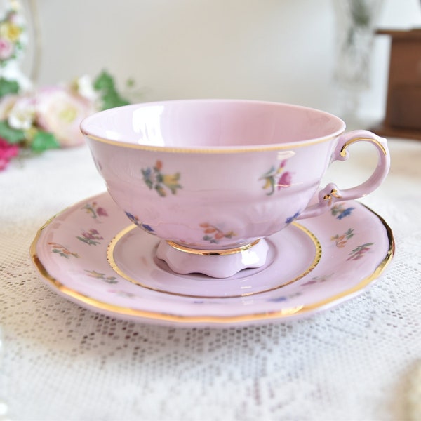 Pink porcelain tea cups and saucers with blue flowers, Vintage Pink Teacup and Saucer, Pretty Tea Cups and Saucers, Vintage Gift for Tea