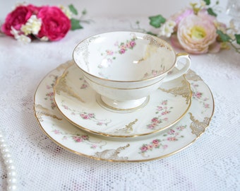 Thomas Ivory Bavaria Tea Trio, Vintage Pink Rose Porcelain with Gold Trim, German Shabby Chic Set
