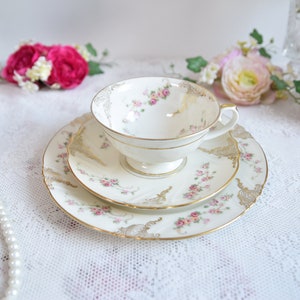 Thomas Ivory Bavaria Tea Trio, vintage roze roosporselein met gouden rand, Duitse shabby-chic set