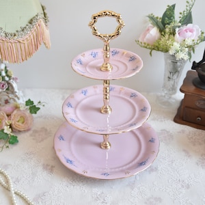 3-level cake stander pink porcelain with forget-me-not floral decoration