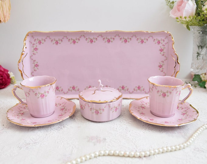 Pink porcelain TV set for two, Tea set vintage porcelain Slav porcelain pink tea cup set LL tea cups rose porcelain