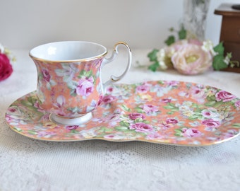 Floral decorations porcelain Tennis set, Snack Set, Tea Cup and Plate Pink Rose Decor