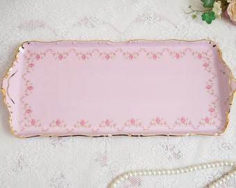 Vintage pink porcelain decorative tray with floral and 24 karat gold decorations