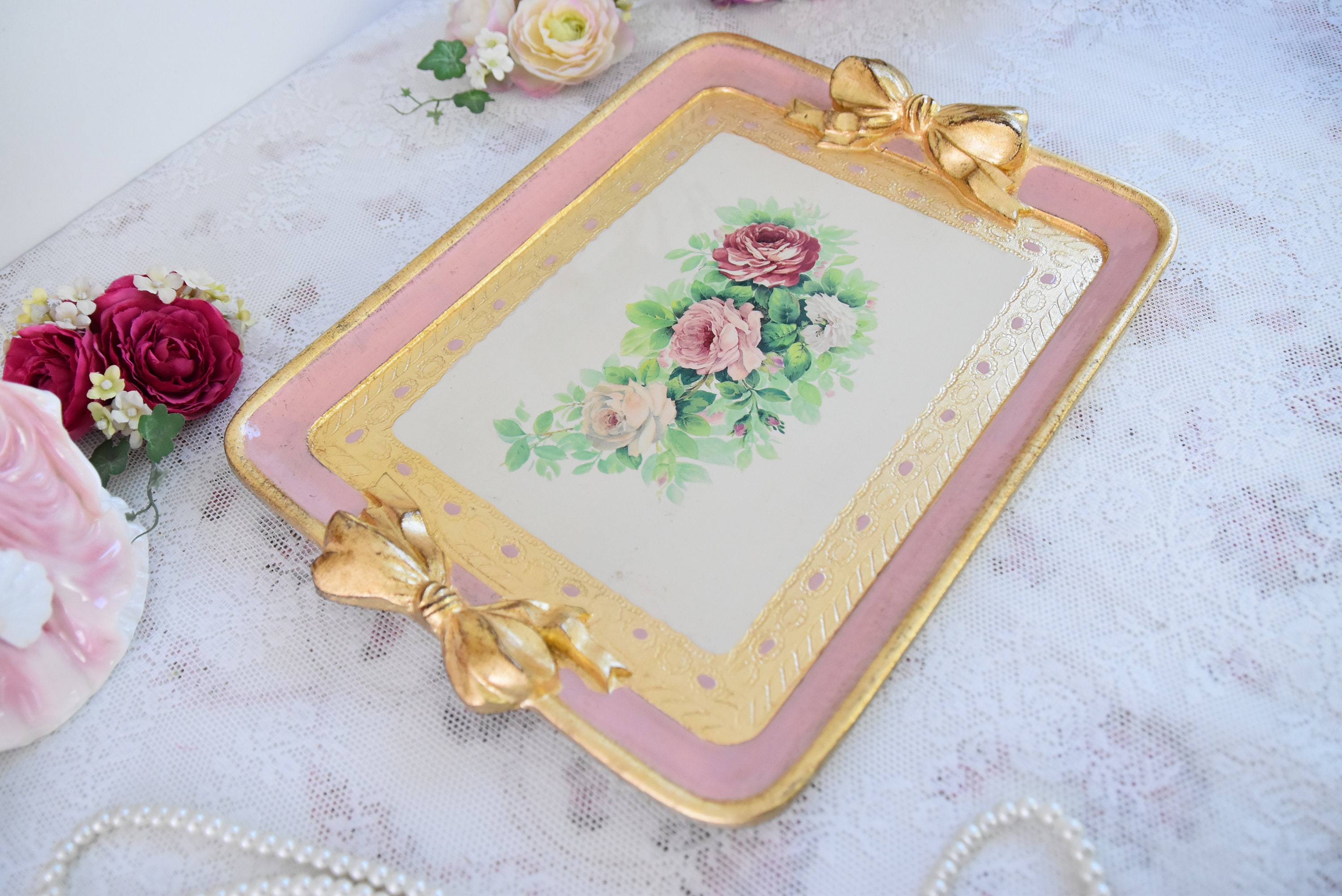 手作りのイタリア製木製トレイ長方形ピンク色 - Etsy 日本