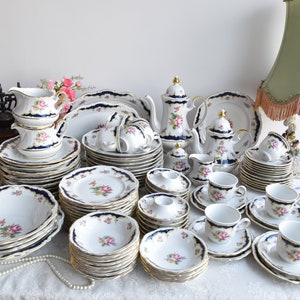 Winterling Roslau Bavaria Porcelain Set Vintage German Dinnerware with Cobalt Rim and Pink Roses