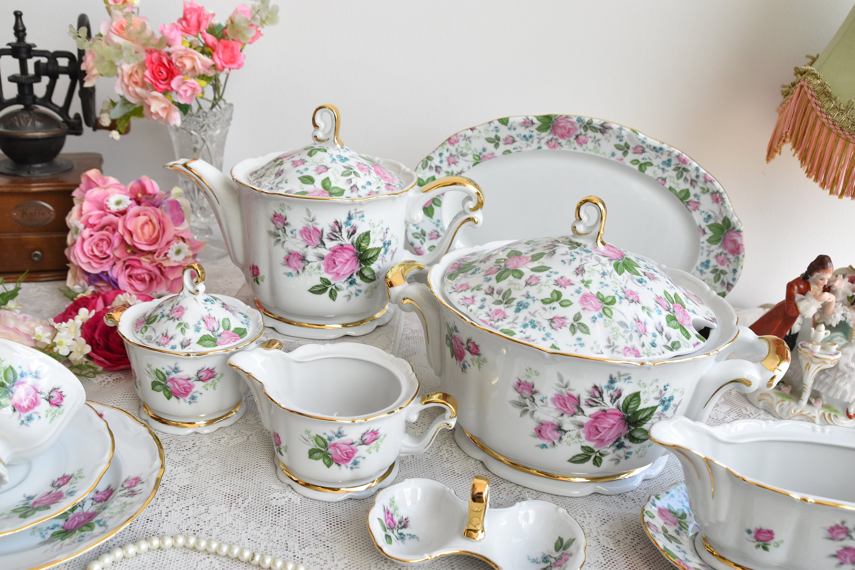 vintage-dinner-set-with-flowers-porcelain-dinner-set-with-tea-etsy