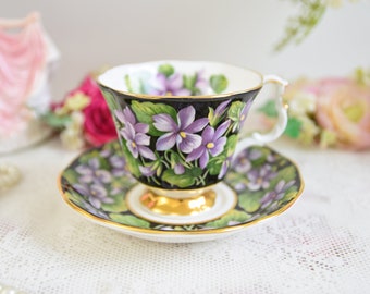 Royal Albert Provincial Flowers Tea Cup and Saucer, Vintage Bone China Violets on Black