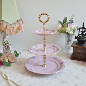 Pink porcelain cake stander with floral decorations by LL image 6