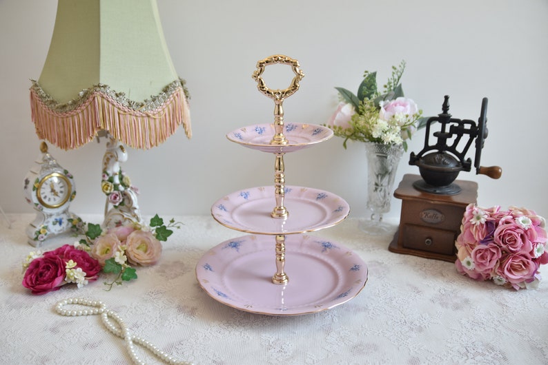 Pink porcelain cake stander with floral decorations by LL image 6