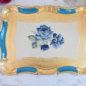 Handmade Italian wooden tray blue rectangular shape