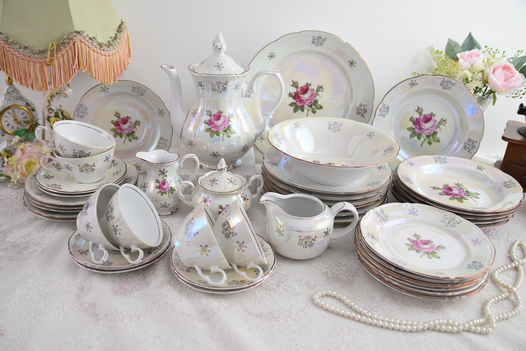 Vintage Dinner Set With Flowers, Porcelain Dinner Set With Tea Pot