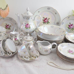 Vintage Kahla Iridescent Porcelain Dinner Set, Pink Rose Motif, made in Germany
