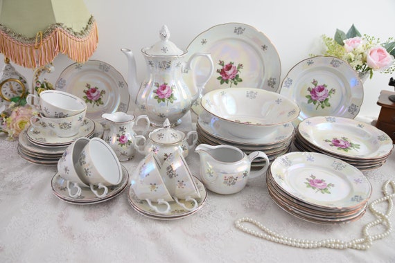 Vintage Kahla Iridescent Porcelain Dinner Set, Pink Rose Motif