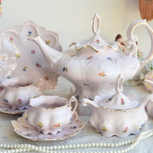 Vintage pink china tea set, Pink porcelain Tea Set with Tea Pot, Floral tea cup set china pink