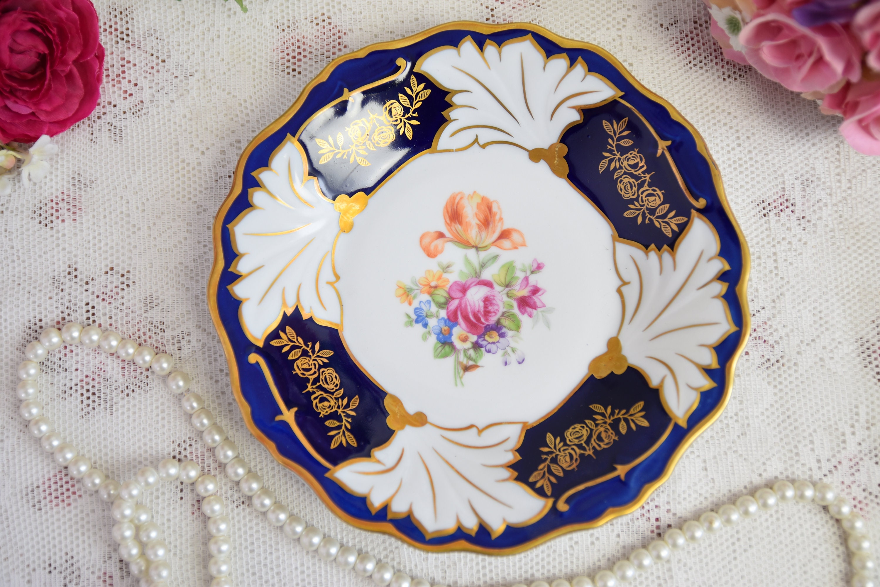 Vintage plate cobalt porcelain deep dish plate Weimar Germany plate german floral porcelain dish