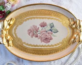 Italian decorative tray with handles and floral decor for coffee table, Handpainted tray serving on coffee table, Decorative serving tray