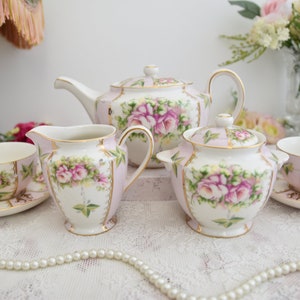 Antique Meander Tea Set with Pink Roses and Gold Trim Hand Painted Porcelain Teapot Creamer Sugar Bowl 2 Duos