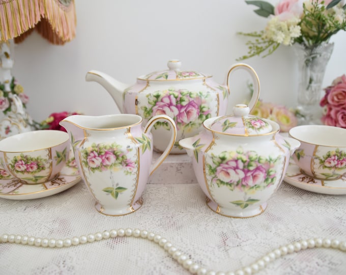 Vintage Meander Tea set for two, Tea Cup, tea pot and tea cup vintage tea set