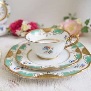Eschenbach Bavaria Tea Trio, Vintage German Porcelain with Mint Green Border and Oriental Motif