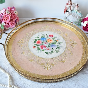 Large Florentine round decorative tray with handles and chain edge, Hand made serving tray large with hand painted decoration, Gold tray