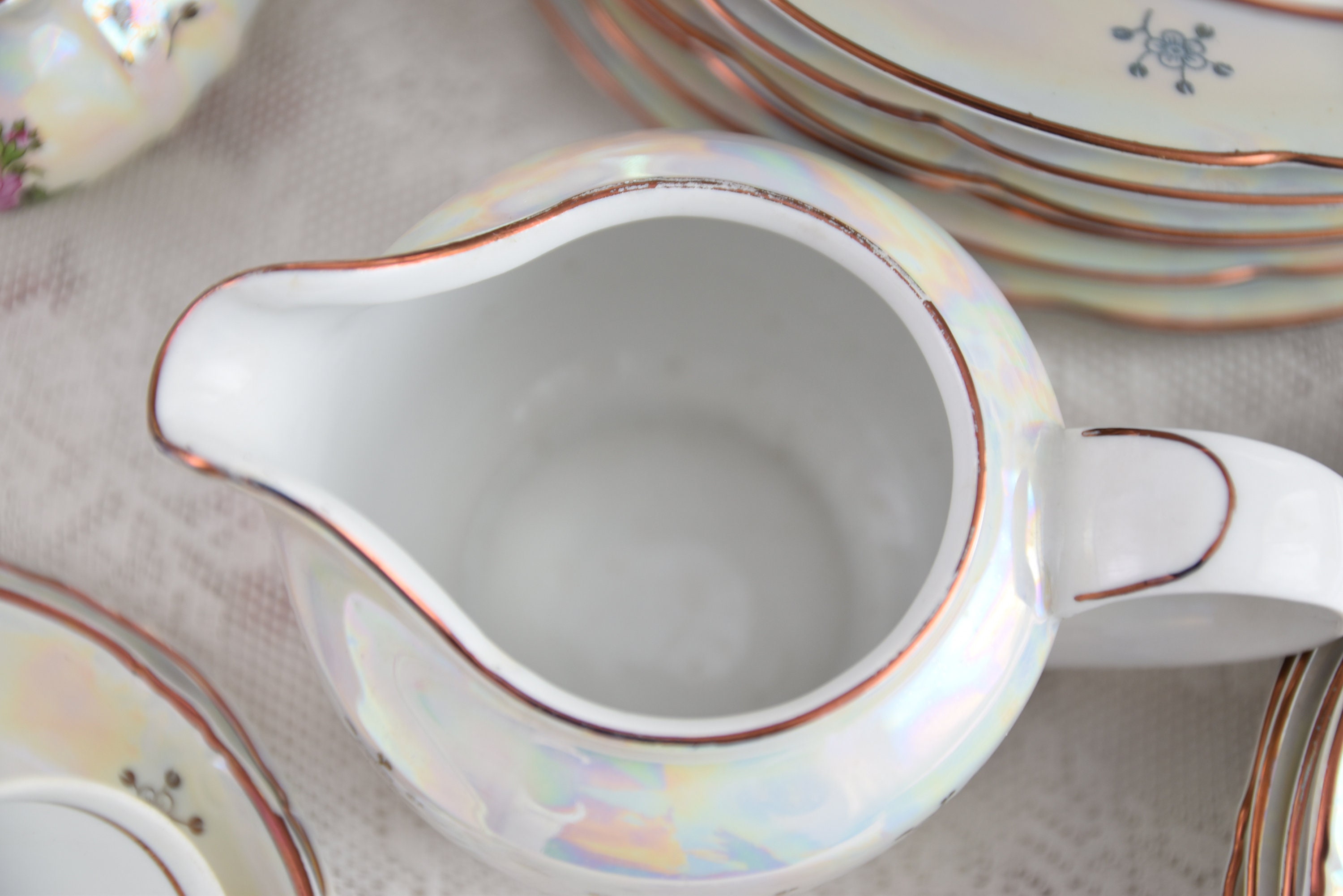 Vintage Kahla Iridescent Porcelain Dinner Set, Pink Rose Motif